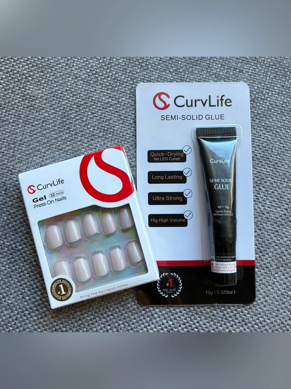 CurvLife Short Squoval Press-on Nails + Full-Size (15g) Fast-Drying Nail Glue
